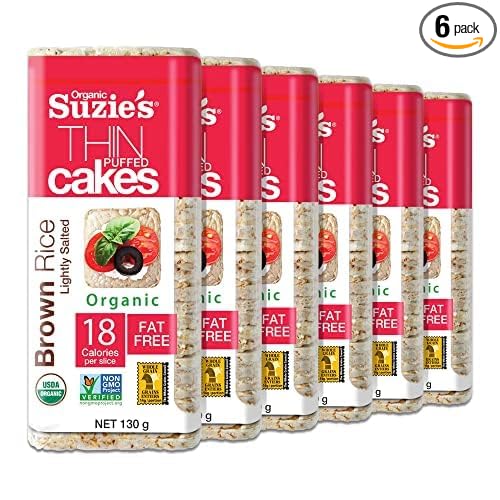 Suzie's Organic Brown Rice Cake Thins|6 Pack|Lightly Salted Low Sodium|USDA Organic, NON-GMO, Fat-Free, Sugar-Free, Gluten-Free|Low-Calorie Snack-21 Calories Per Slice|Bread & Cracker Replacement