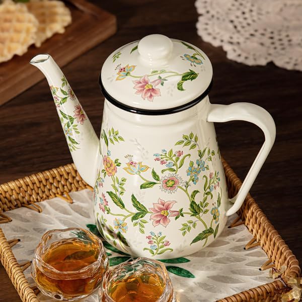 Enamel Tea Kettle – 1.2L Stovetop Teapot with Vintage Floral Pattern, Kettle for Stove, Ideal Small Tea Kettle for Gas & Induction Cooktops