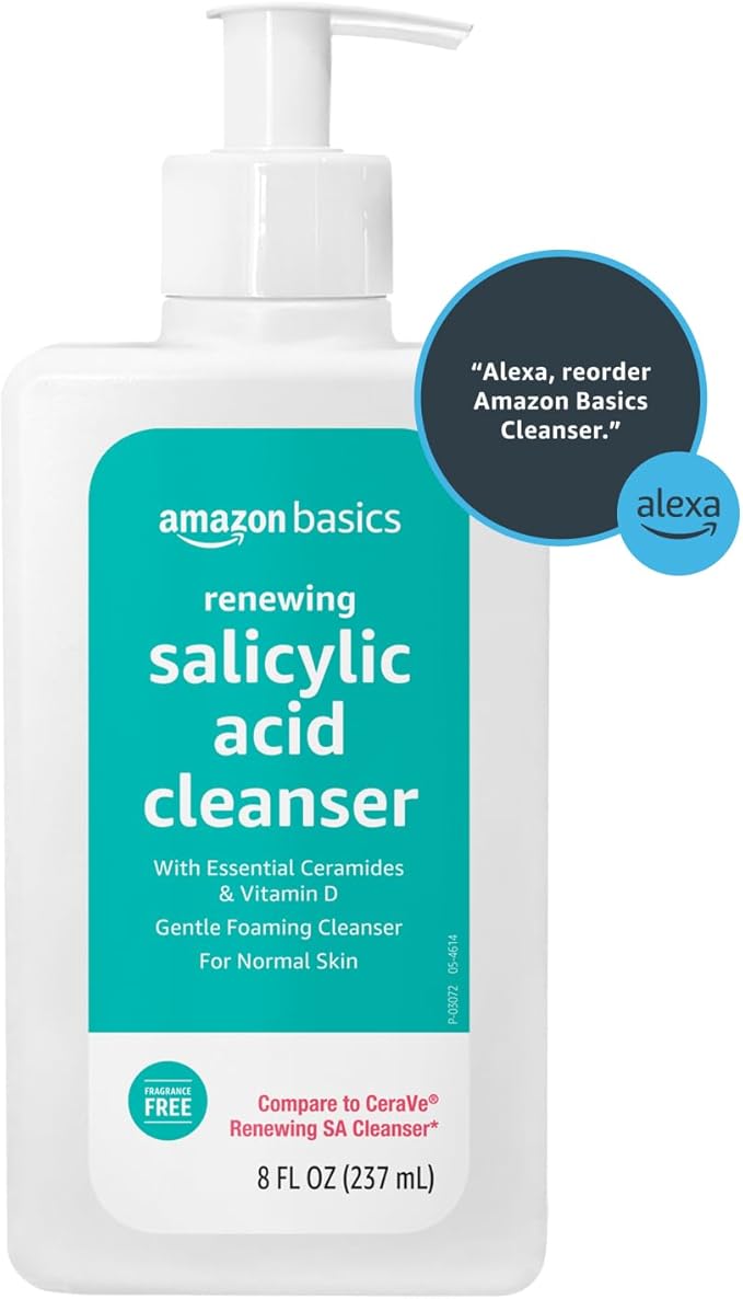 Amazon Basics Exfoliating Face Wash Cleanser, Renewing Salicylic Acid with Ceramides & Vitamin D, Foaming Formula, Smooths Skin, 8 fl oz