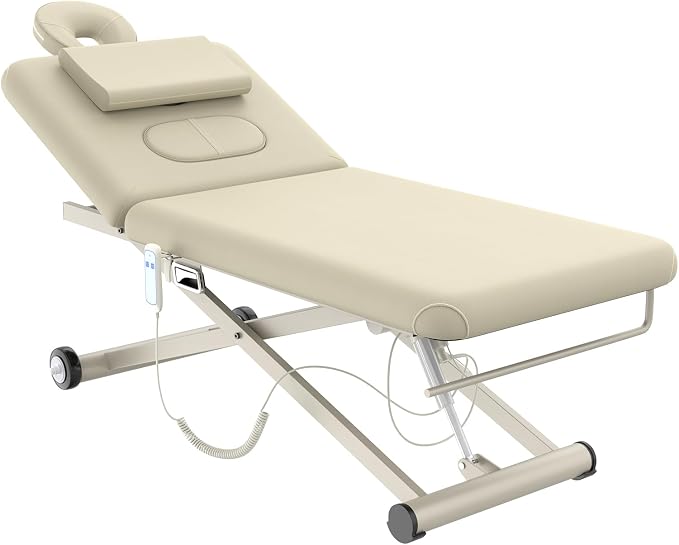 Olela 31.2" Electric Heavy Duty Massage Table - Stationary Massage Table with Elerict Lift and Manual Adjustable Backrset, Treatment Table with C-Shape Pilow and X Frame, PU Leather for Spa, Beauty
