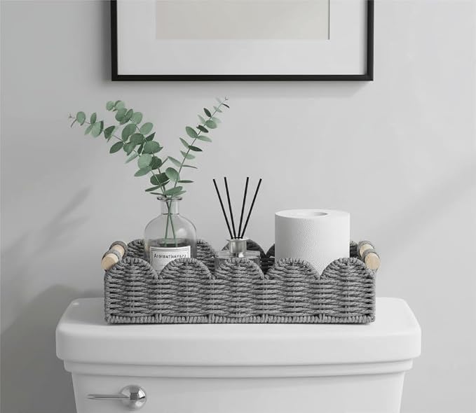CubesLand Toilet Paper Storage Basket Organizer, Small Wicker Decor Basket | Toilet Tank Top Decorative Basket for Countertop, Handwoven Scalloped Basket W/Handle for Home Decor Living Room, Grey