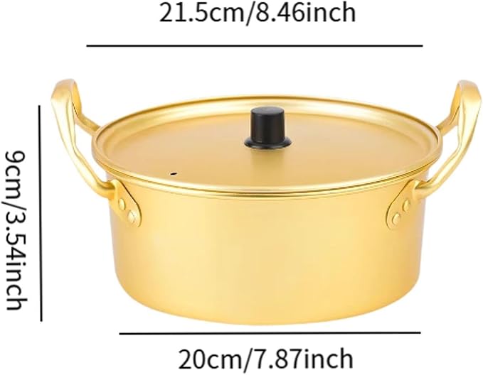 Korean Ramen Pot, 20cm Gold Aluminum, No Lid, Ideal for Ramen, Instant Noodles, Porridge, Soup, Griddle, Salad, Stew, Home, Kitchen, Travel, Camping, Outdoors, Picnic, Backyard Party
