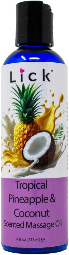 Lick Tropical Pineapple and Coconut Massage Oil with Vitamin E - Edible Body Oil for Couples Massage - Sweet Almond and Coconut Oil Blend - Smooth Long-Lasting Glide for Men and Women - 4 oz
