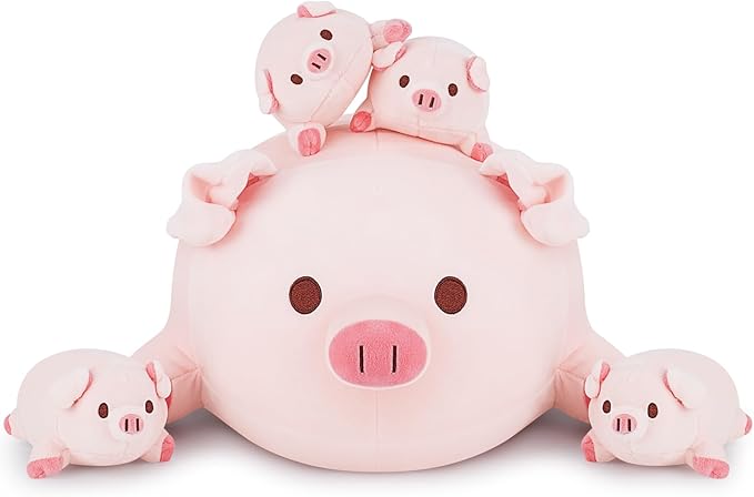 Achwishap 5PCS Pig Family,Pig Stuffed Animal Mommy with 4 Pig Babies Plush,Cute Pig Plush Pillow Cushion Doll,Kawaii Pig Plush Toy Hugging Pillow for Kids Adult(16” Pig Family)