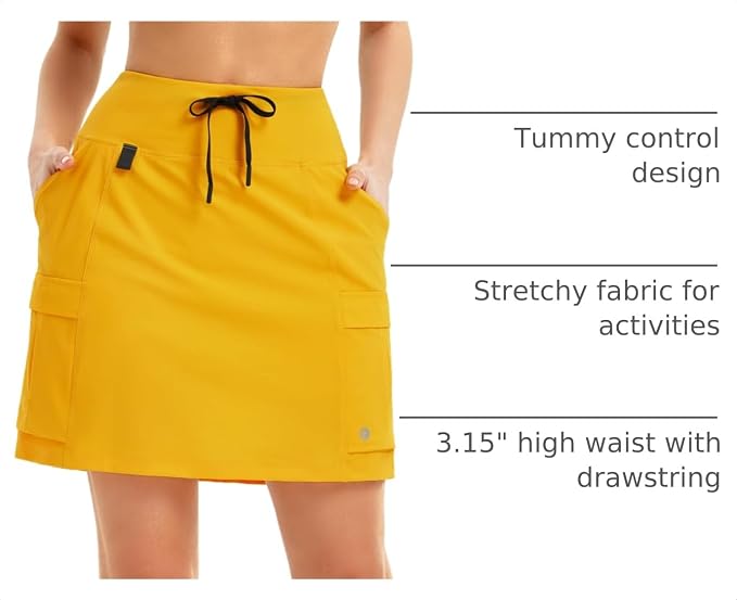 baleaf Women's 16" Hiking Cargo Skort with Pockets Knee Length Skirts | 4 Cargo Pockets, High Waisted, Built-In Shorts, UPF 50+ Sun Protection, Quick Dry, Stretch, Hiking, Golf, Outdoor, Casual