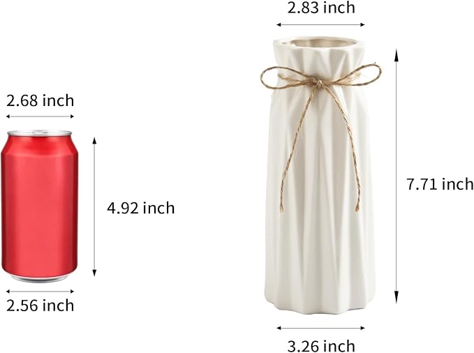 White Small Vase Ceramic Jute Rope Simple Vases for Home Decor Minimalist Modern Flower Vase Elegant Decorative Glossy Vase for Pampas Grass, Office, Living Room, Mantel and Bedroom Décor
