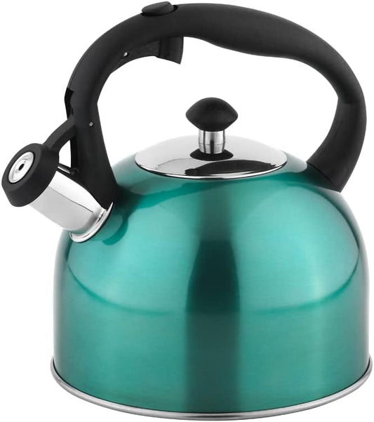 Amazon Basics Stovetop Whistling Tea Kettle, Fast Boiling, Stainless Steel, Food Grade, Ergonomic Handle, 2.3 Liter, Teal