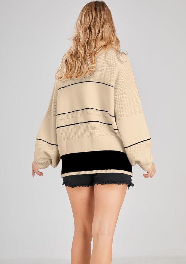 chouyatou Women's Slouchy Waffle Knit Sweater 1/2 Button Polo Collared Pullover Striped Sweater Tops