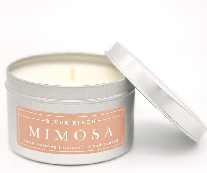 River Birch Premium, All-Natural, Non-Toxic Soy Candle | Mimosa Scented | 8 oz. Silver Tin Travel Candle | Cozy Relaxing Gifts for Home