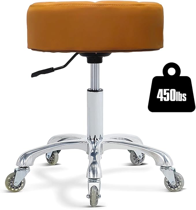 Ainilaily Rolling Stool with Wheels Adjustable Height, Roller Stool for Massage Medical Tattoo Spa Heavy Duty Swivel Desk (Super Thick Cushion, Camel)