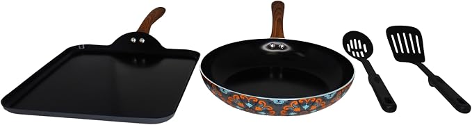 IMUSA Talavera Aluminum Black Ceramic Value Fry Pan & Square Griddle Set | Mexican design, Perfect for daily cooking