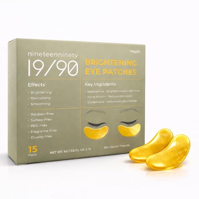 19/90 Brightening Eye Patches - Anti-Aging & Hydrating Eye Pads for Puffiness, Dark Circles Treatment - (Alpha-Arbutin, Glutathione, Niacinamide) - Gold Eye Patches 15 Pairs, Vegan, Cruelty-Free