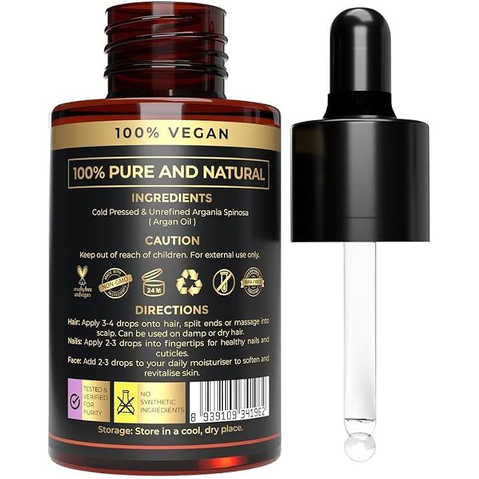 100% Plant Based Argan Oil - Moroccan Oil for Hair and Skin - Pure, Cold-Pressed, Natural - Best Argan Oils for Frizzy Hair, Face and Body - Pure Oils of Morocco - Hydrating and Nourishing