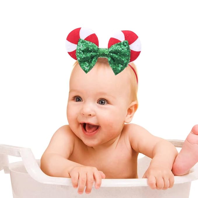 JIAHANG Christmas Mouse Ear Nylon Headband with Sequin Bow and Lollipop Pattern, Red Soft Elastic Hair Bow Hair Band, Party Headwear for Baby Girls
