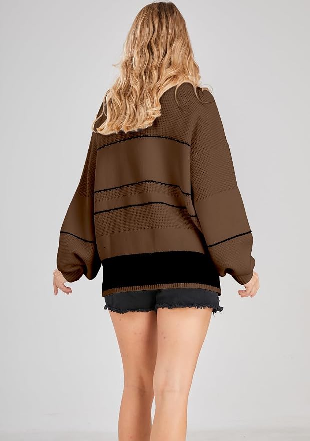 chouyatou Women's Slouchy Waffle Knit Sweater 1/2 Button Polo Collared Pullover Striped Sweater Tops