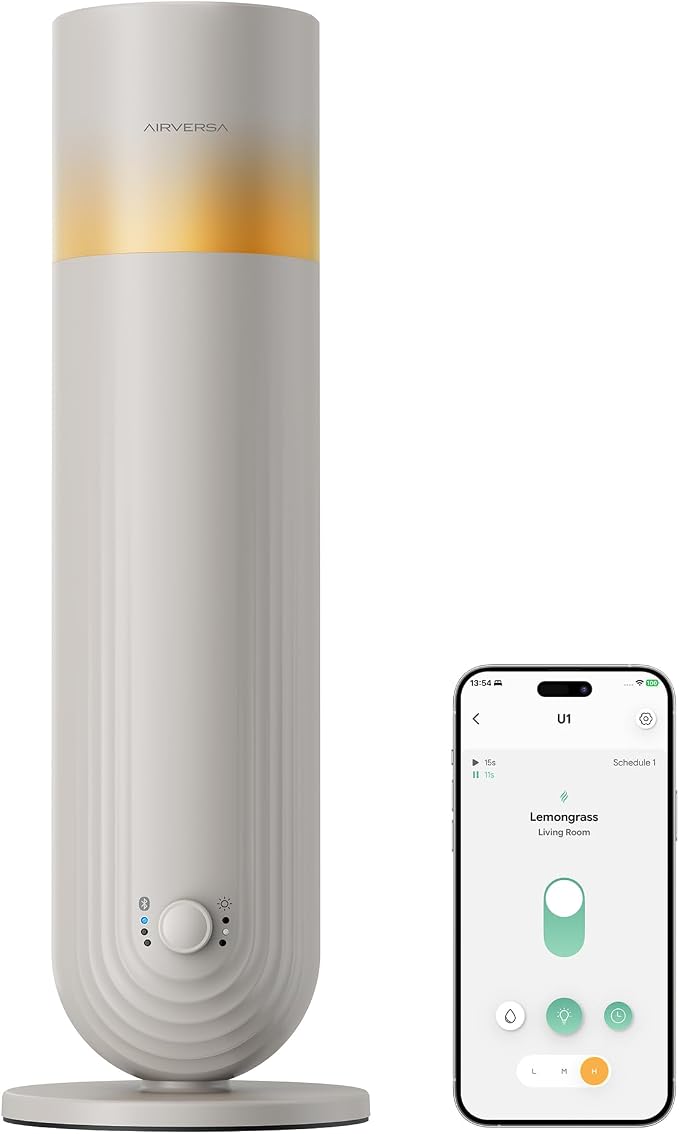Airversa U1 Smart Tower Waterless Essential Oil Diffuser, Beige Gray | Up to 1200 sq ft, App Control, Cold Air, 120mL, DC-12V/1A Plug in Wall, Smart Scent Air Machine, For Home & Commercial Spaces