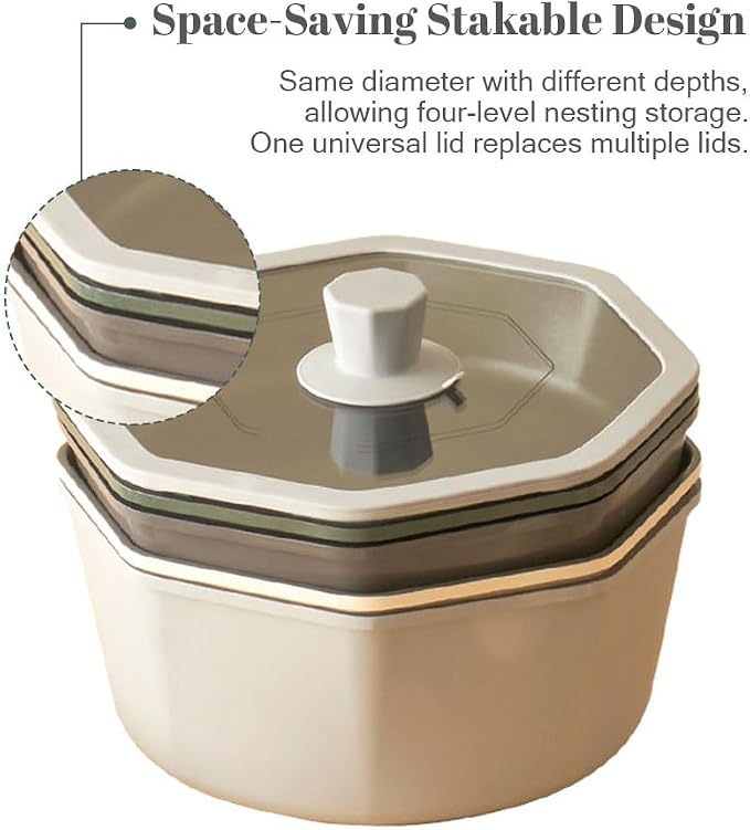 [UPIT] Korean Octagonal Cookware Set, Detachable Handle, Oven-to-Table Nonstick Space-Saving Kitchen Set for All Stovetops
