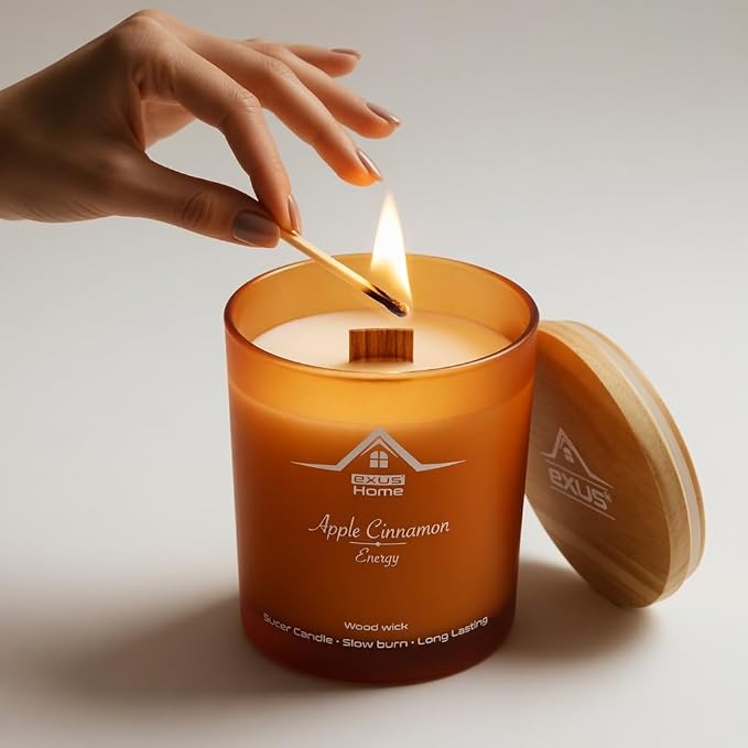 Exus Hand Crafted, Soy Wax, Wood Wick, Aromatic Candle. Non-Toxic (Apple Cinnamon/Energy)