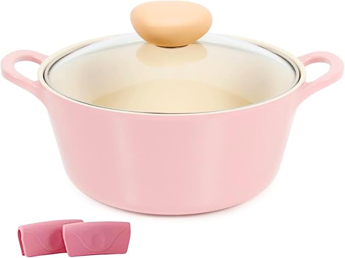Neoflam Retro 3QT Stockpot with Lid – 8.7" (22cm) Nonstick Ceramic Coated Casserole, Saute Pot, Dutch Oven with Silicone Handle Holder, Dishwasher Safe, Elegant Kitchen Cookware, Made in Korea