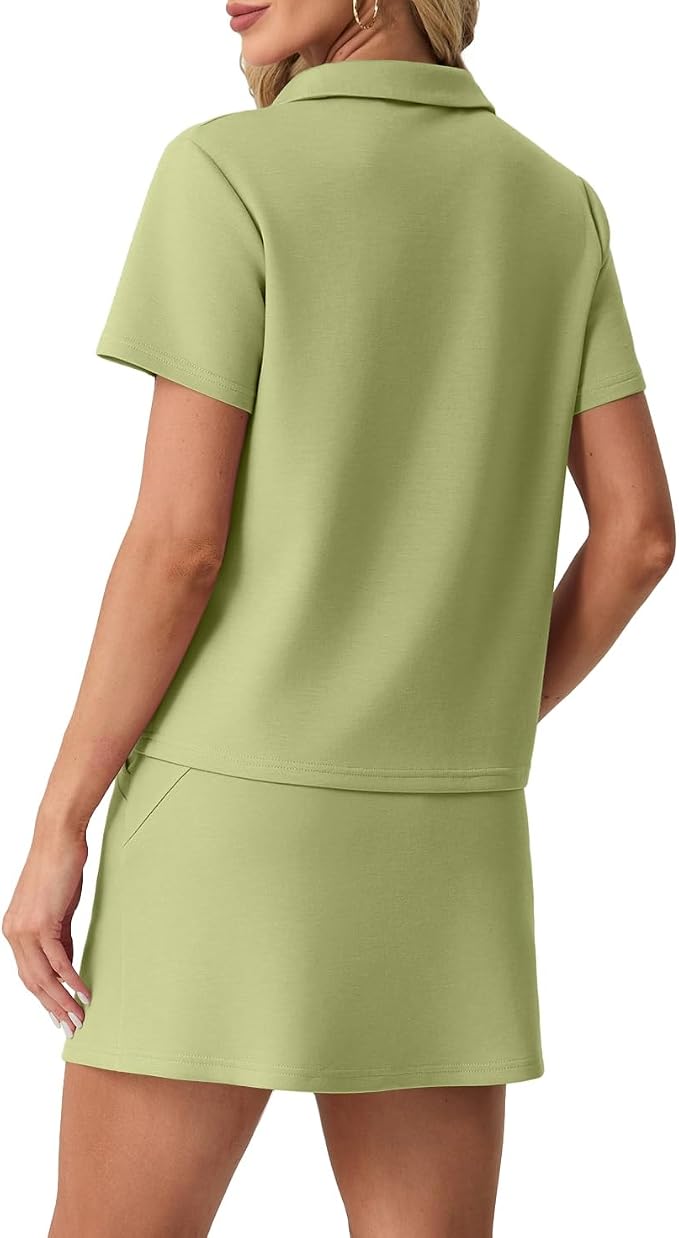 GRECERELLE Women's Summer 2 Piece Skort Set Half Zip Short Sleeve Top & Pocketed Tennis Skirt For Sports & Vacations.