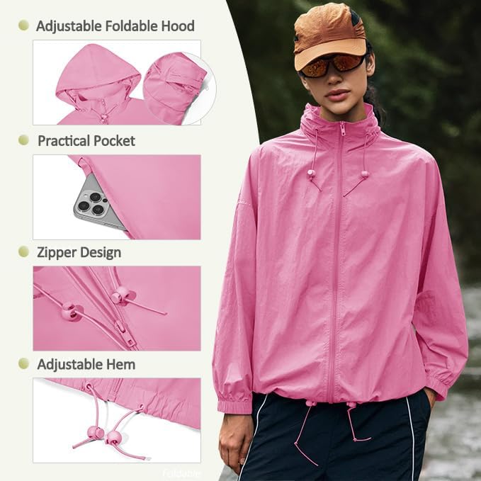 Yousify Womens Waterproof Rain Jackets Lightweight Zip Up Raincoat Outdoor Hiking Hooded Windbreaker with Pocket