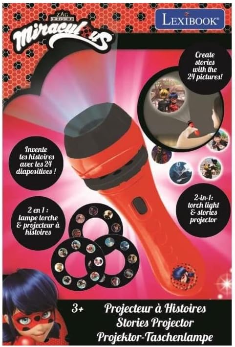 LEXiBOOK Miraculous, Stories Projector, Torch Light and Projector with 3 Discs, 24 Images, Create Your own Stories, LTC050MI