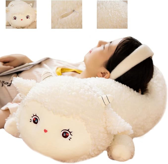 ELAINREN Cuddly Cream Lamb Plushies Dolls Ultra-Soft Big White Sheep Stuffed Animals Pillow Fluffy Curly Sheep Plush Farm Toy Gifts/23.6''