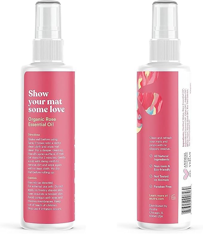 ASUTRA Yoga Mat Cleaner Spray (Soothing Sweet Rose), 4 fl oz - No Slippery Residue, Organic Essential Oils, Deep-Cleansing for Fitness Gear & Gym Equipment, Microfiber Towel Included