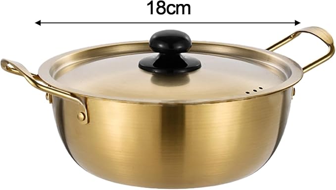 Korean Ramen Pot with Lid, Stainless Steel Golden Pasta Pot, Double Handles, Induction & Stovetop Safe, Lightweight Cooking Pot for Home & Outdoor Use, Inner Diameter 6 in
