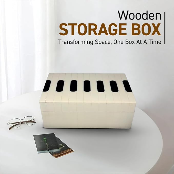 Perilla Home Home Decor Decorative Storage Wooden Box Small Piono Organizer Tool Stash Card Craft Treasure Trinket Memory Keepsake Jewelry Box for Men and Women, Gifts For All, Black and Off White