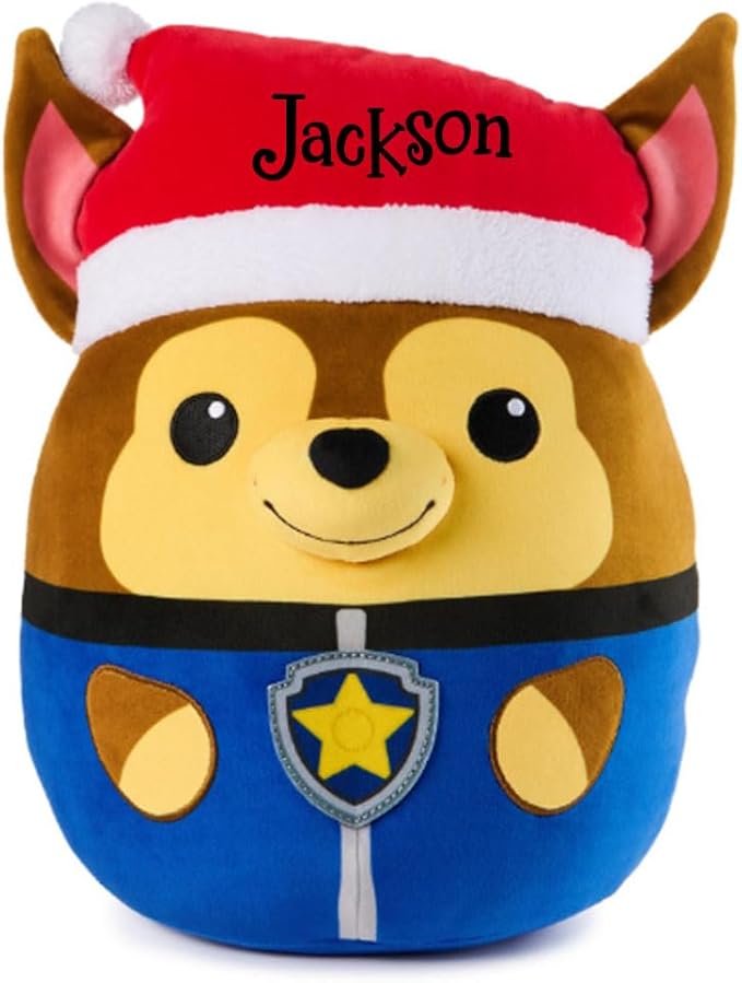 Personalized PAW Patrol Winter Holiday Puppy Squish Plush - 12 in (Personalized Chase with Santa Hat)