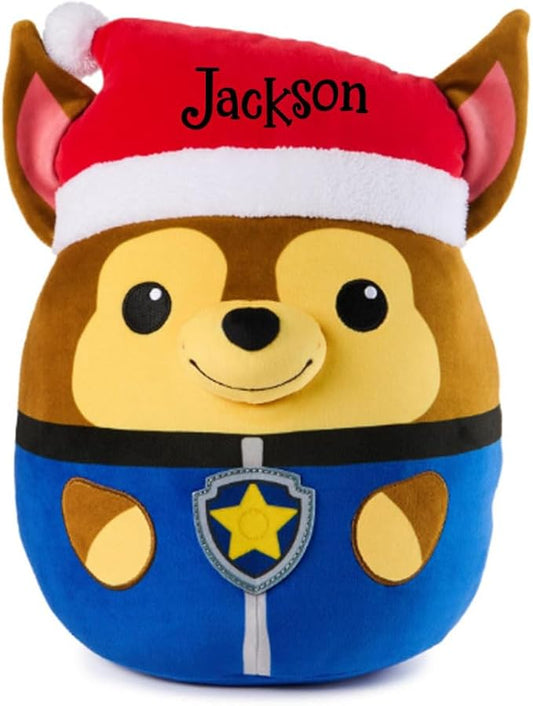 Personalized PAW Patrol Winter Holiday Puppy Squish Plush - 12 in (Personalized Chase with Santa Hat)