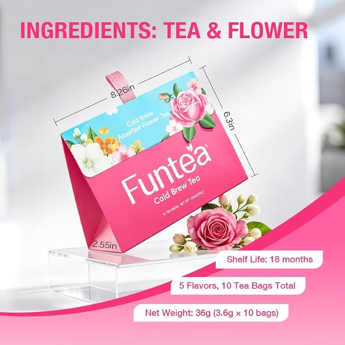 Funtea Cold Brew Flower Tea Bags, Caffeine Free Herbal Tea, Unsweetened Natural Floral Tea, Individually Wrapped, Refreshing Iced Tea for Daily Hydration, 10 Count(Pack of 1) (Assorted Flower Tea-10 Count)