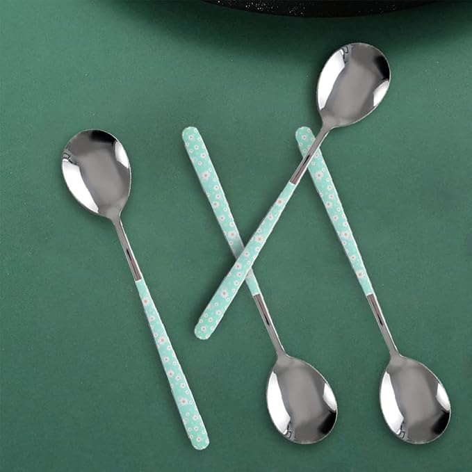 Stainless Steel Soup Spoon,Korean Dessert Spoon,Green Daisy Mixed Color Spoon for Home, Kitchen or Restaurant, Set of 4 Green Daisy Colour Soup Spoons, 8 Inches.