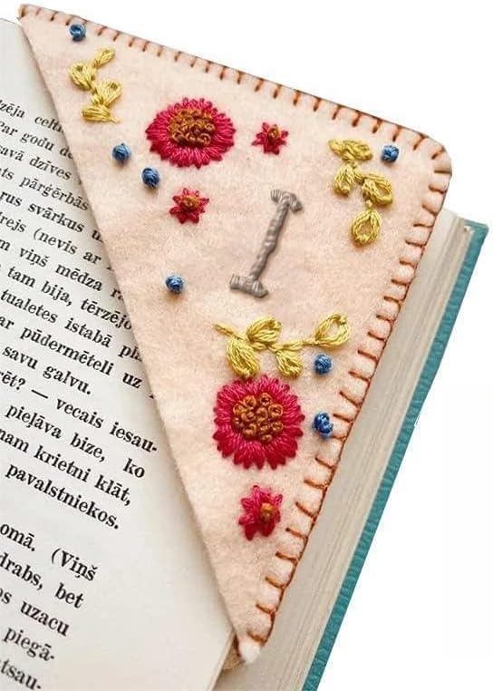MOTEERLLU Personalized Hand Embroidered Corner Bookmark,Felt Triangle Page Stitched Handmade Bookmark,Unique Cute Flower Letter Embroidery Bookmarks Accessories for Book Lovers(Fall-i)