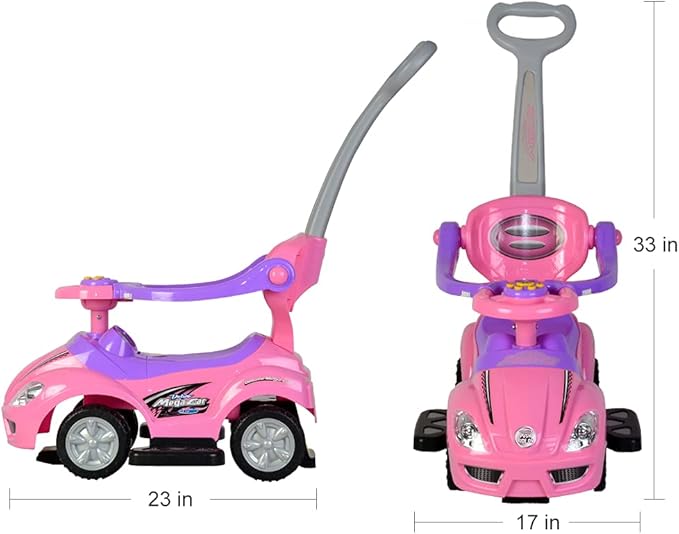 ChromeWheels Push Cars for Toddlers, 3 in 1 Ride on Push Car with Guardrail, Ride on Toys Mega Car w/Push Handle & Horn & Music & Under Seat Storage, Pink