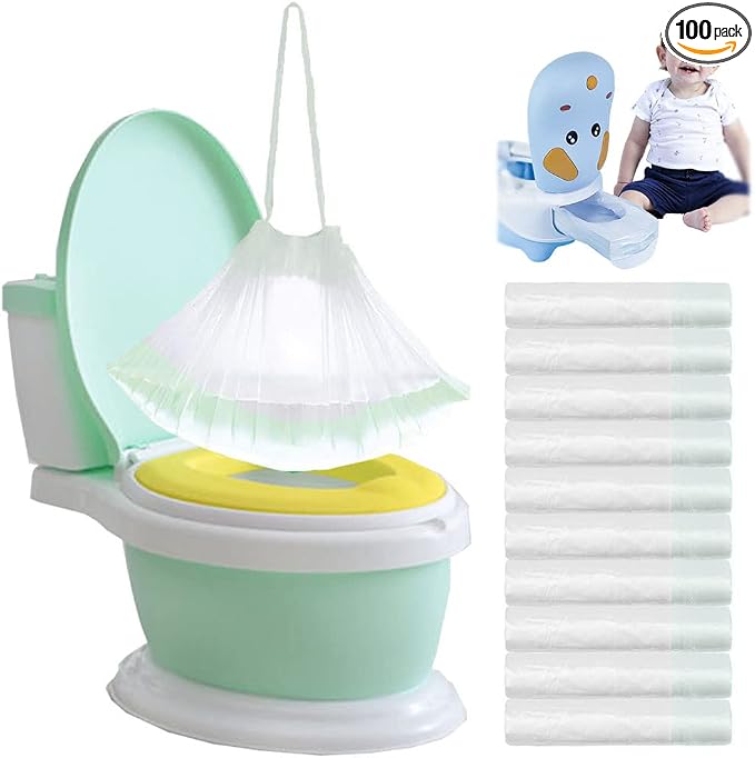 100 Pack Potty Chair Liners Disposable,Drawstring Training Toilet Seat Liner Bags Cleaning Bag for Kids Toddlers Outdoors Travel
