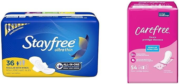 Stayfree Ultra Thin Pads 36 Count & Carefree Panty Liners Regular 54 Count Periods Leaks Protection