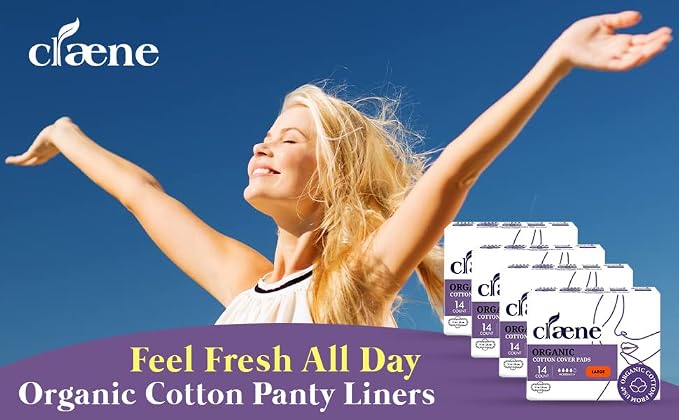 Claene Organic Cotton Cover Pads, Menstrual Large Pads for women, Unscented, Breathable, Natural Sanitary Napkins with Wings (4Pack, Total 56)