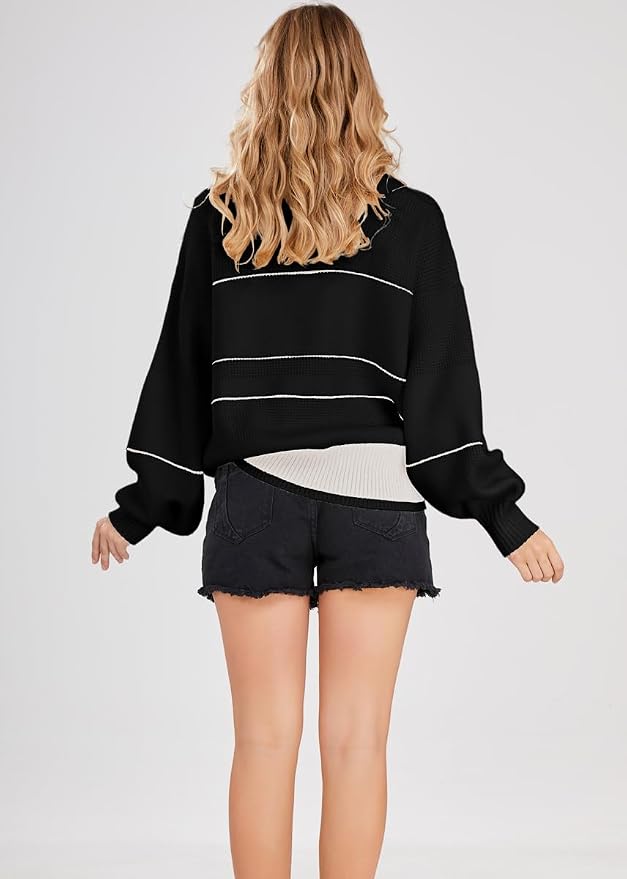 chouyatou Women's Slouchy Waffle Knit Sweater 1/2 Button Polo Collared Pullover Striped Sweater Tops