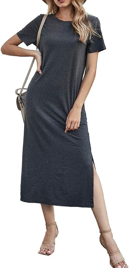 Naggoo Women's Casual T Shirt Midi Dress with Side Slit and Pockets