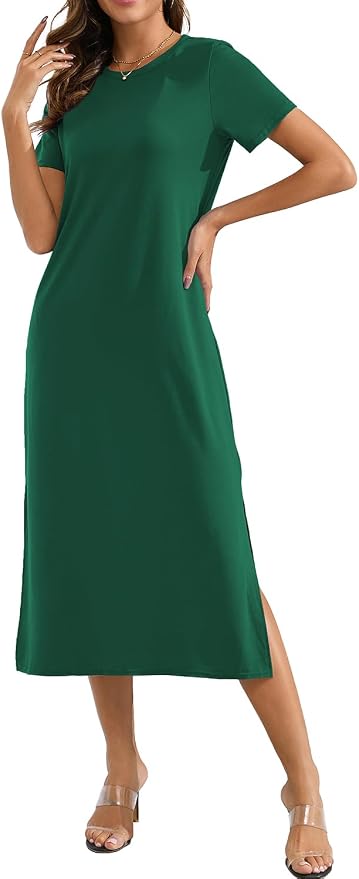 Naggoo Women's Casual T Shirt Midi Dress with Side Slit and Pockets