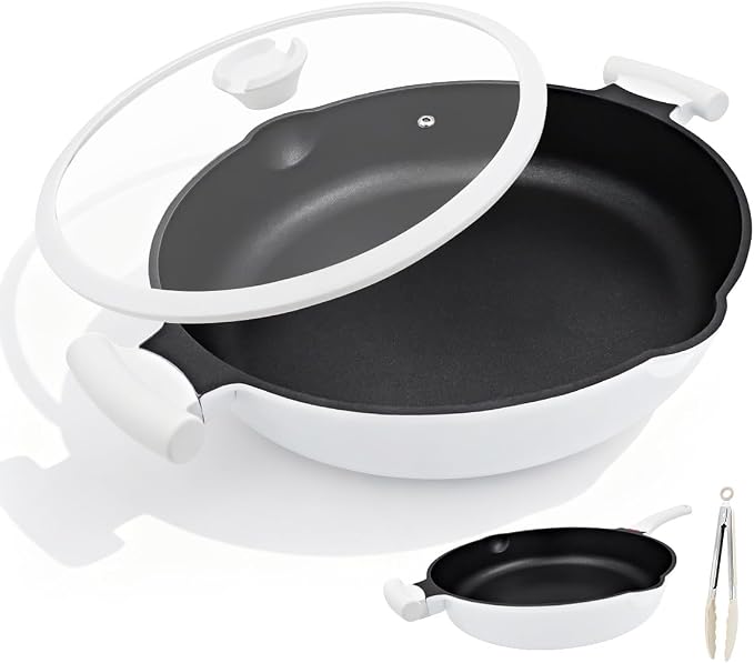 Large Frying Pan Skillet Nonstick with Lid, 14 Inch Deep Saute Pan, Big Induction Pan for Cooking, 2-1 Non Stick Cookware with Helper Handle, Family Size, Suitable for All Stoves, White