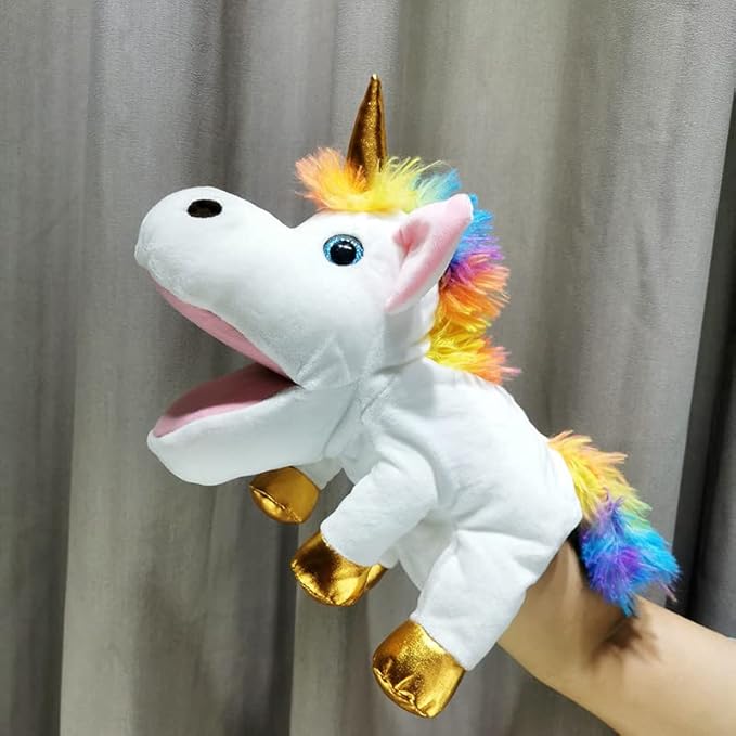 Hopearl Plush Unicorn Hand Puppet with Open Movable Mouth for Imaginative Play, Role Play, Interactive Toy for Storytelling Teaching Puppet Theater, Birthday Gifts for Kids Girls, White, 12''