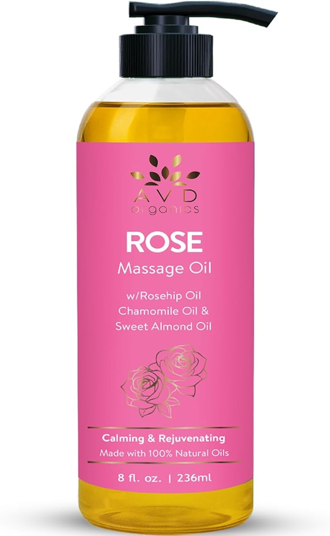 AVD Organics Rose Massage Oil 236 ML|Infused with Olive Sweet Almond and Jojoba Oil | Hydrating & Soothing | Made with Natural Ingredients | for Skin and Body|Ideal for Both Men and Women|8 fl oz