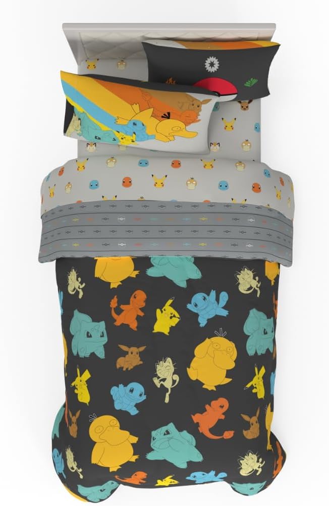 Pokemon Bedding Set, Twin Size 5 Piece Set Kids Super Soft Cozy Reversible Comforter and Sheet Set with Sham, (100% Officially Licensed Product) by Franco