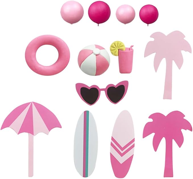 Summer Pink Beach Cake Topper with Beach Ball Swimming Ring Coconut Tree Surfing Board and Sunglasses for Hot Pink Girl Summer Beach Bali Hawaiian theme cake Decor