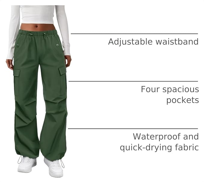 COPYLEAF Cargo Pants Women Elastic Waisted Parachute Hiking Pants with Pockets Water-Resistant Lightweight Baggy Pants