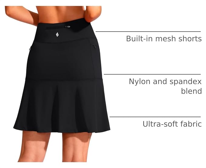 19" Ruffled Golf Skirts for Women | 3 Zipper Pockets, Knee Length, High Waisted, Long Skorts for Athletic, Casual, Tennis, Pickleball