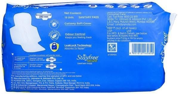 Stayfree Secure Cottony Soft Cover with Wings Sanitary Pads - Regular 18 Count (Pack Of 1)